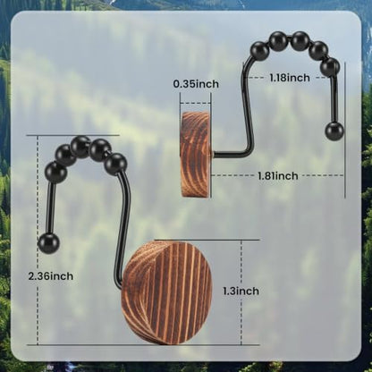 Wood Shower Curtain Hooks - Natural Beads Bathroom Rings - Brown 12 Pack