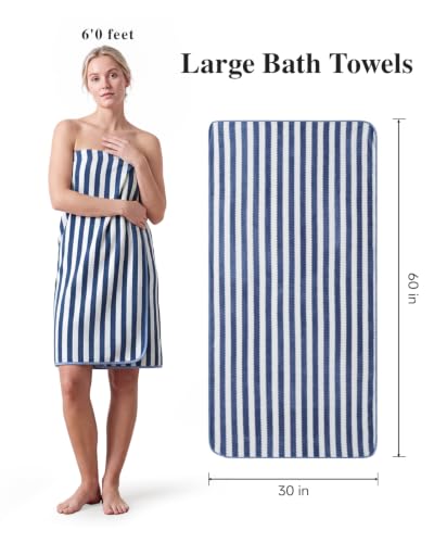 Navy Blue 4 Piece Large Bath Towels Set - 30x60 Inch Striped Microfiber