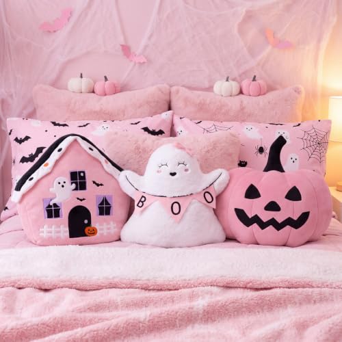 Pink Halloween Pumpkin Throw Pillows Set - Ghost & Boo Decor, 3 Pieces with Embroidered Details