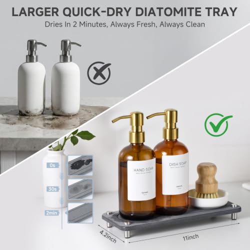 Kitchen Soap Dispenser Set 2 Pack - Amber Glass with Gold Pumps & Accessories