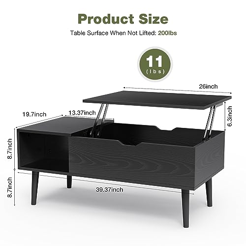 Wood Lift Top Coffee Table with Hidden Storage Shelf - Black, 39.5 In