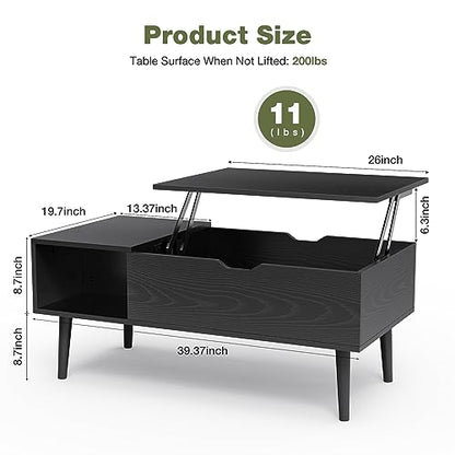 Wood Lift Top Coffee Table with Hidden Storage Shelf - Black, 39.5 In