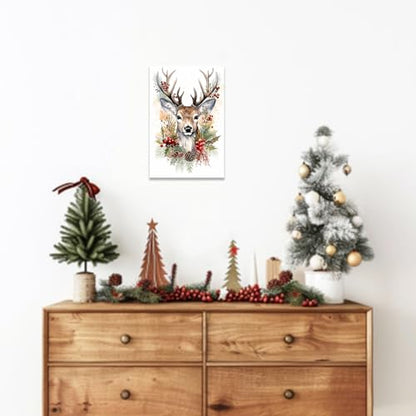 Christmas Deer Canvas Wall Art Watercolor Reindeer Print - 16x24 Inches - Deer 2