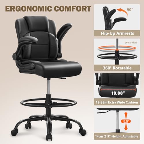 KWKSV Tall Office Drafting Chair with Flip-Up Armrests - Black