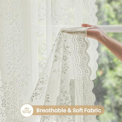 Ivory Floral Sheer Lace Curtains - 2 Panels, 55W x 63L Inches