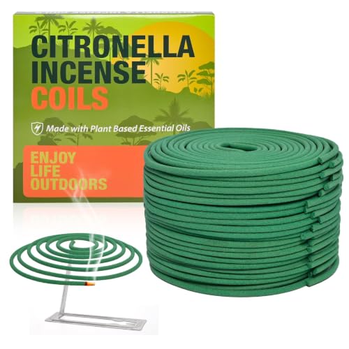 Citronella Incense Coils for Outdoor & Indoor Use - 48 Count with 2 Stands - Long-Lasting Mosquito Repellent