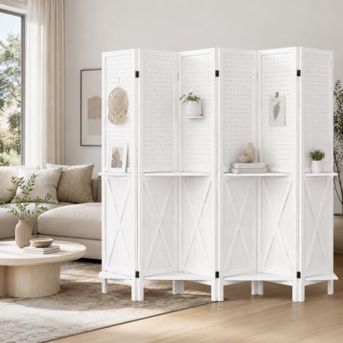 6 Panel Wood Pegboard Room Divider with Shelves - Privacy Screen (White Variant of THIS listing)