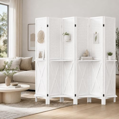6 Panel Wood Pegboard Room Divider with Shelves - Privacy Screen (White Variant of THIS listing)