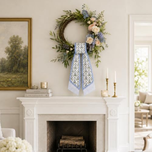 Layered Wreath Sash Set for Front Door Floral Stripe Decor - Summer Home Accent