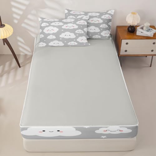 Twin Size Cloud Zipper Bedding Set with Comforter Fitted Sheet & Pillowcases - Grey Star Clouds Sky