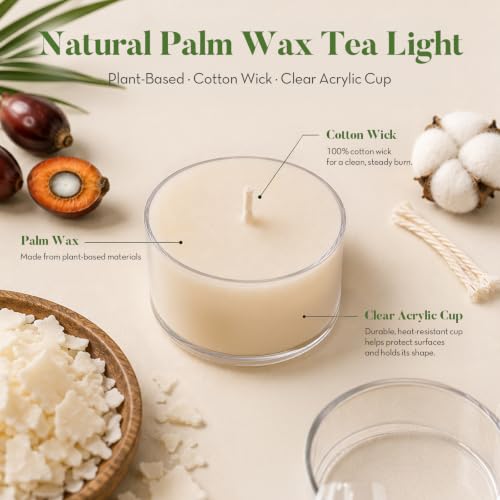 Ashlux 100 Pack Unscented Palm Wax Tea Light Candles - 6 Hour Burn Time