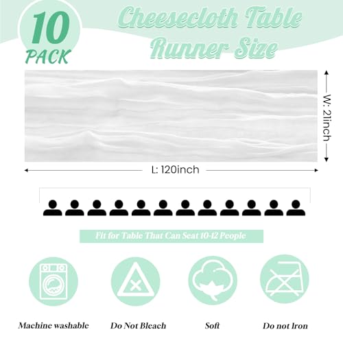White Cheesecloth Table Runner 10 Pack - 10ft Sheer Rustic Linen for Wedding & Party Decor
