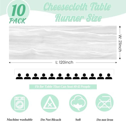 White Cheesecloth Table Runner 10 Pack - 10ft Sheer Rustic Linen for Wedding & Party Decor