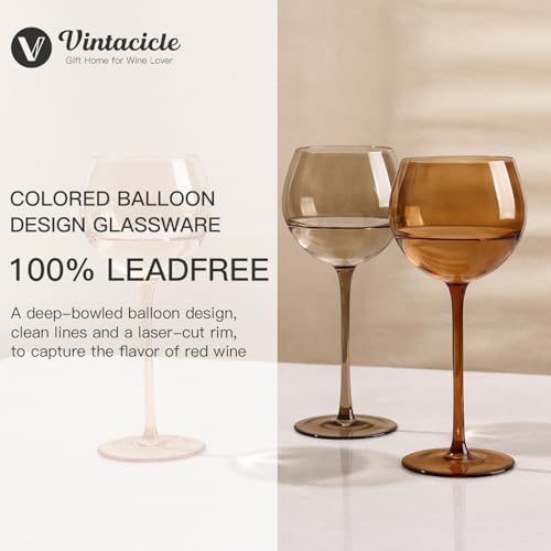 Multicolour Balloon Colored Wine Glasses Set of 6 - 15oz Hand Blown Crystal Stemware for Weddings & Parties