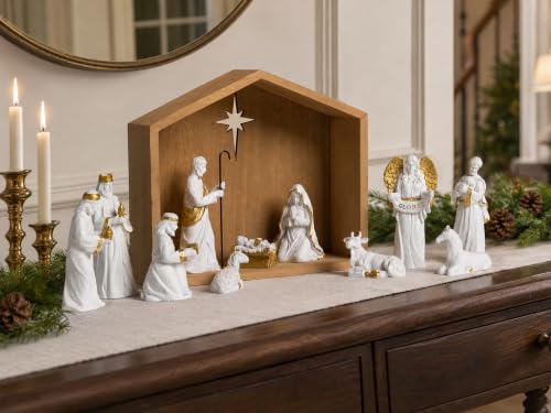 White 12-Piece Nativity Scene Set with Wooden Stable - Religious Holiday Decor