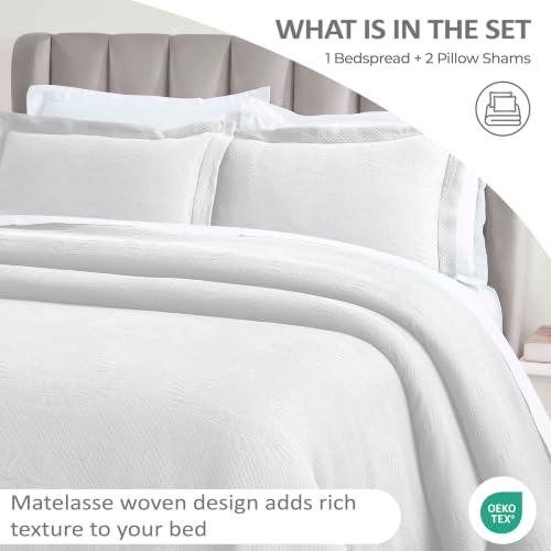 King Cotton Bedspread Set with Pillow Shams - White, Oversized, All-Season Comfort