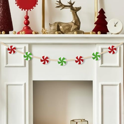 6Ft Candy Christmas Garland - Felt Red & Green Holiday Decor with Peppermint & Wooden Beads - Indoor Mantel & Tree Decoration - Variation: Red Green