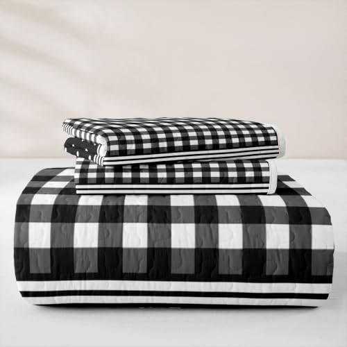 Black Buffalo Plaid Full Quilt Set with Polka Dot Bedding - Bedspread Coverlet for Girls Boys - Black / Full