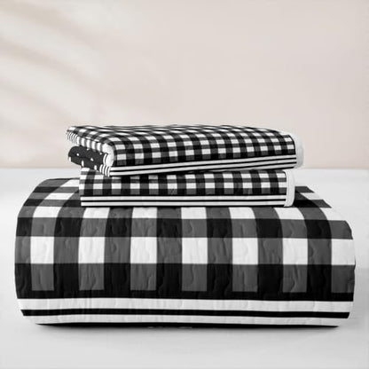 Black Buffalo Plaid Full Quilt Set with Polka Dot Bedding - Bedspread Coverlet for Girls Boys - Black / Full