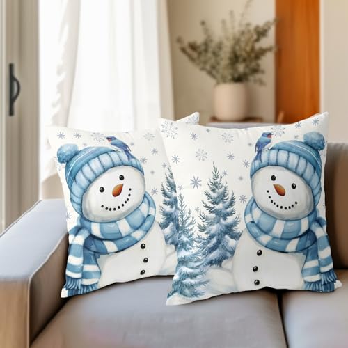 Sky Blue Christmas Snowman Pillow Covers 16x16 Inch Pack of 2 Winter Home Decor