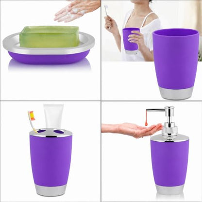 Purple 4-Piece Bathroom Accessories Set with Soap Dispenser and Toothbrush Holder