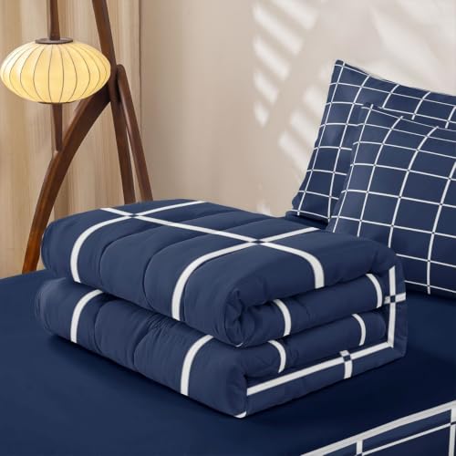 Dark Blue Twin Zipper Bedding Set with Comforter & Fitted Sheet - Geometric Checkered Design