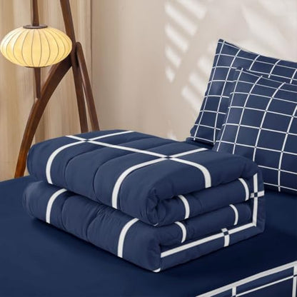 Dark Blue Twin Zipper Bedding Set with Comforter & Fitted Sheet - Geometric Checkered Design