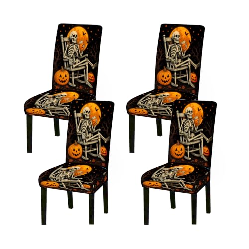 Set of 4 Halloween Skeleton Chair Covers - Stretch Milk Silk Fabric, Fall Decor