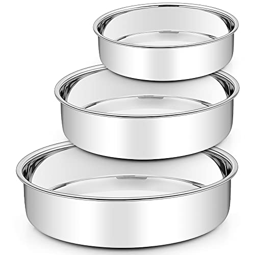 TeamFar Cake Pan, 6'' & 8'' & 9 ½'', Stainless Steel Round Baking Tier Cake Pans Set, for Baking Steaming Serving, Healthy & Heavy Duty, Mirror Finish & Dishwasher Safe - 3 PCS