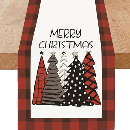 Christmas Table Runner 13 x 90 Inches with Red Christmas Tree Pattern - Burlap Linen Decor