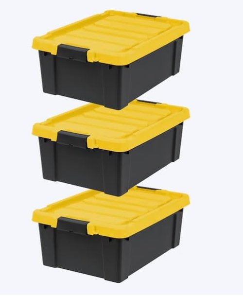 Heavy Duty Stackable Storage Tote - 12-Gallon Latching Lid Bins | Black, 3-Pack