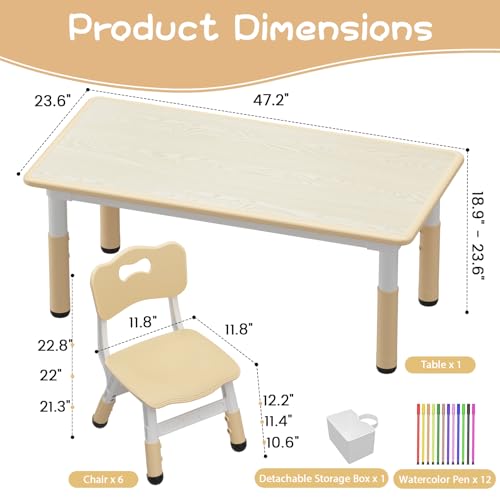 IDEALHOUSE Kids Activity Table with 6 Chairs Set - Natural Finish, Height Adjustable, Safe & Easy to Clean