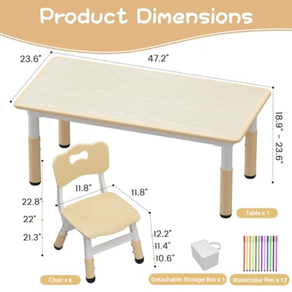 IDEALHOUSE Kids Activity Table with 6 Chairs Set - Natural Finish, Height Adjustable, Safe & Easy to Clean