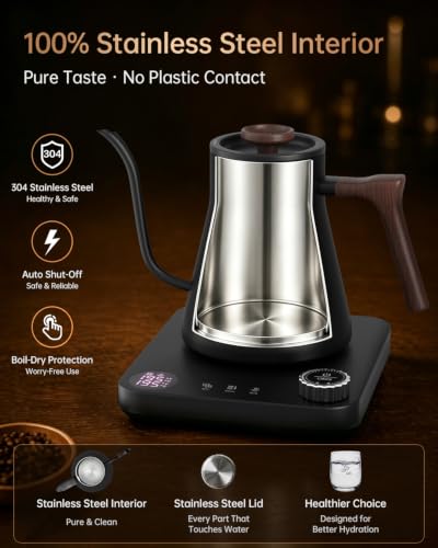 Gooseneck Electric Kettle with Temperature Control 0.9L Black Wood - Precise Heating
