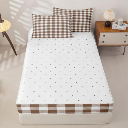 Plaid Zipper Comforter Set Twin Size - Brown White Bedding with Fitted Sheet & Pillowcases