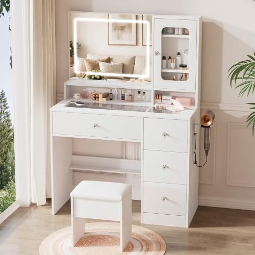White Makeup Vanity Desk with Glass Top & Acrylic Cabinet - 35.4"