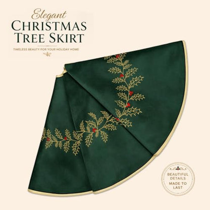 Christmas Tree Skirt 36 Inch Green Velvet with Embroidered Holly Leaves - Leaf Green