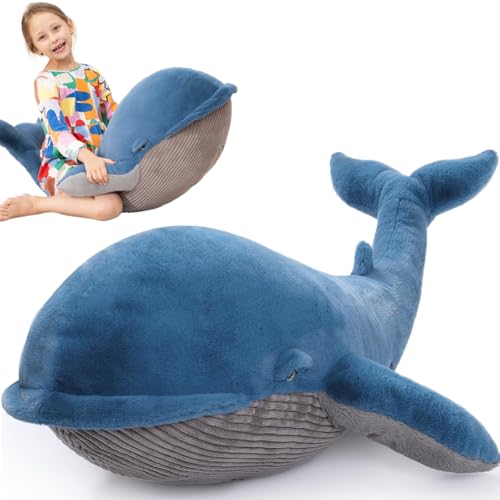 43-Inch Giant Blue Whale Plush Pillow - Soft Stuffed Animal Toy for Kids & Decor