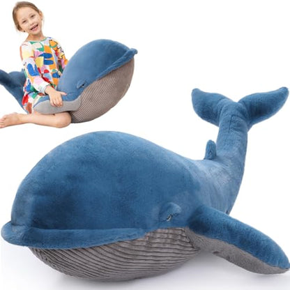 43-Inch Giant Blue Whale Plush Pillow - Soft Stuffed Animal Toy for Kids & Decor