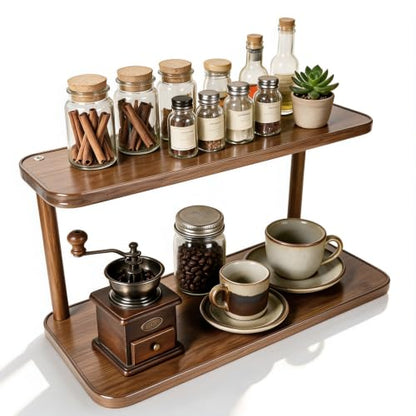 Walnut Brown 2-Tier Coffee Station Organizer & Mug Holder for Countertop