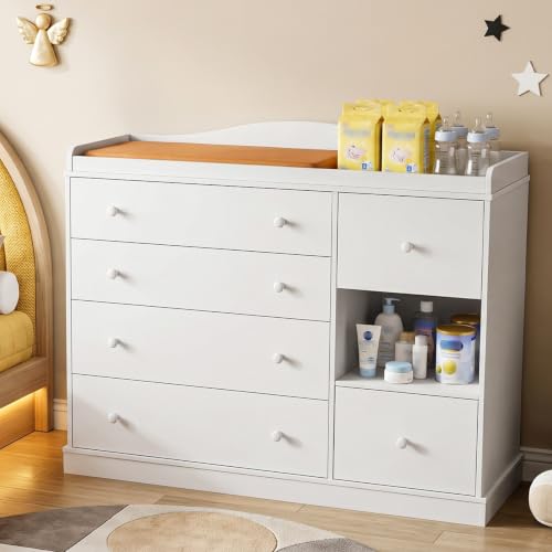 Kids Dresser Cabinet with Changing Table - White Child Bedroom Storage Furniture