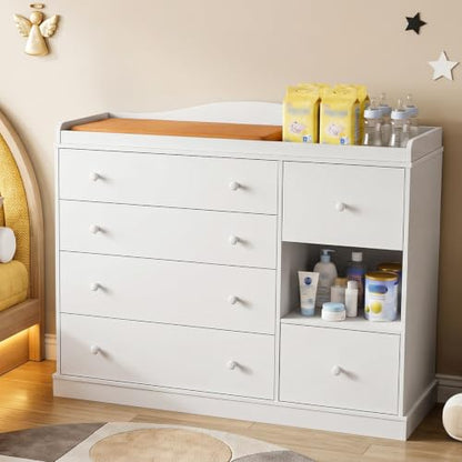 Kids Dresser Cabinet with Changing Table - White Child Bedroom Storage Furniture
