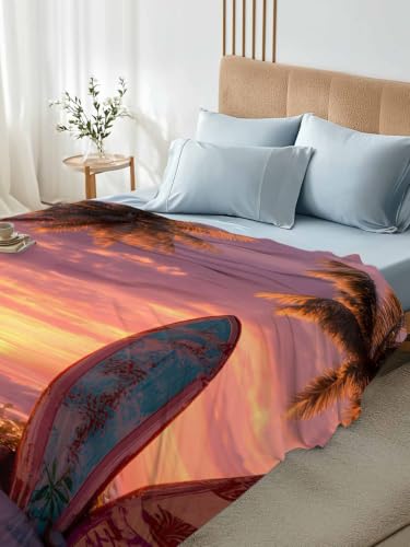 Queen Microfiber Flat Sheet Tropical Sunset Beach Surfboards - Purple, Orange, Black