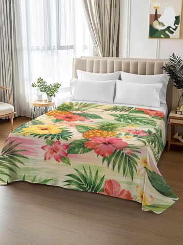 King Size Flat Sheet Only Summer Pineapple Flower Leaves Bed Top Sheet Microfiber Breathable Bedding - Lime, Coral