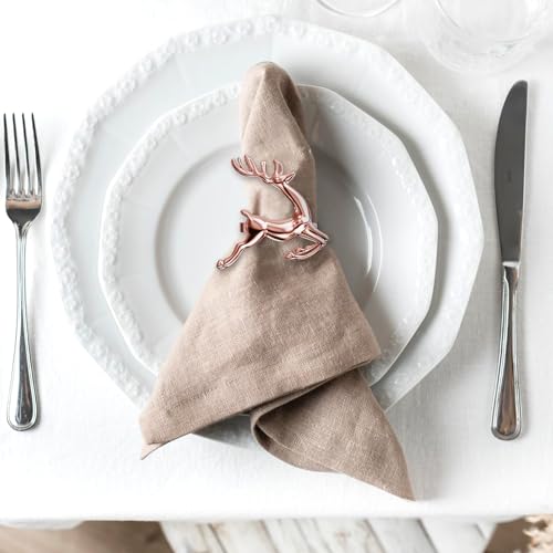 Rose Gold Reindeer Napkin Rings Set of 8 for Christmas Table Decor - Elegant Holiday Party Supplies