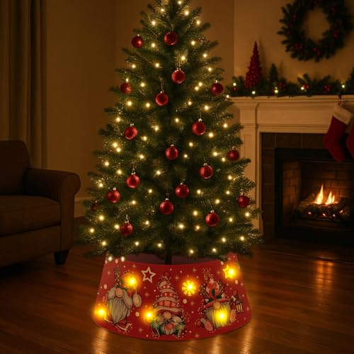 Christmas Gnome Tree Collar with LED Light, 26 Inch Red Tree Skirt Ring