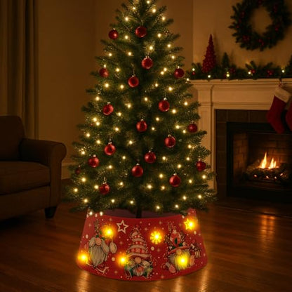 Christmas Gnome Tree Collar with LED Light, 26 Inch Red Tree Skirt Ring