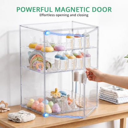 X-Large Baby Bottle Storage Organizer 3 Tiers Adjustable with Magnetic Door