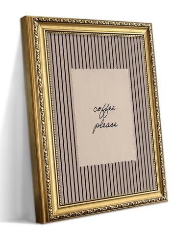 Vintage Wall Art Canvas Print - Coffee Please Quote, Navy Stripes, Gold Frame, 12x16in