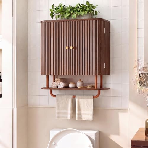 24 Inch Wall Mounted Bathroom Medicine Cabinet with Towel Bar - Walnut